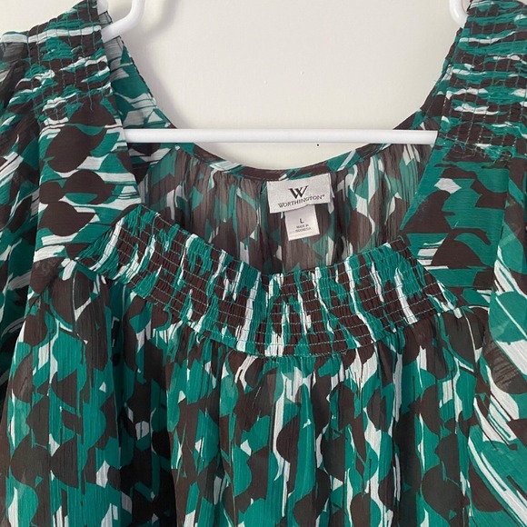 Worthington Sheer Chiffon Multi-Color Blouse Ruffle Built-in Removable Cami SZ L - Picture 2 of 6